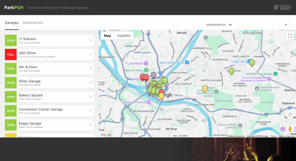 The homepage of parkpgh.org featuring a map of the pittsburgh area, with a list of parking garages